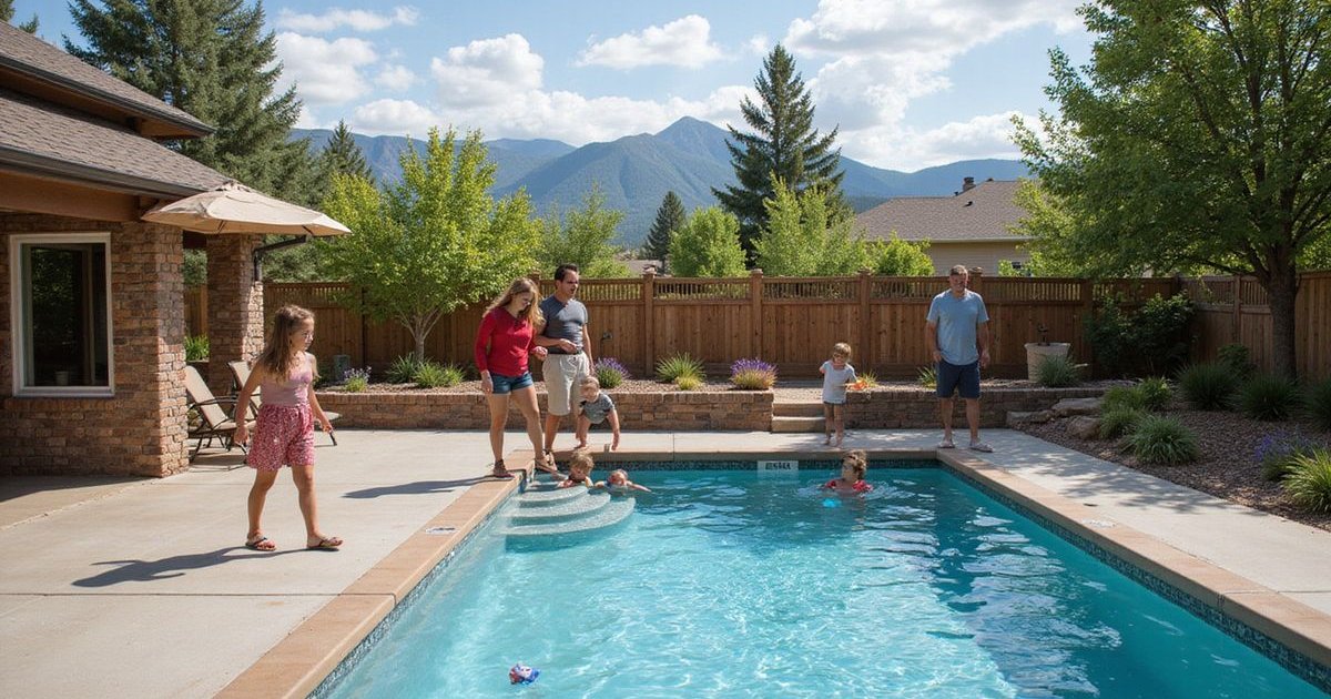 Family enjoying a safe and level pool deck area with smooth concrete surfaces and proper drainage around the pool