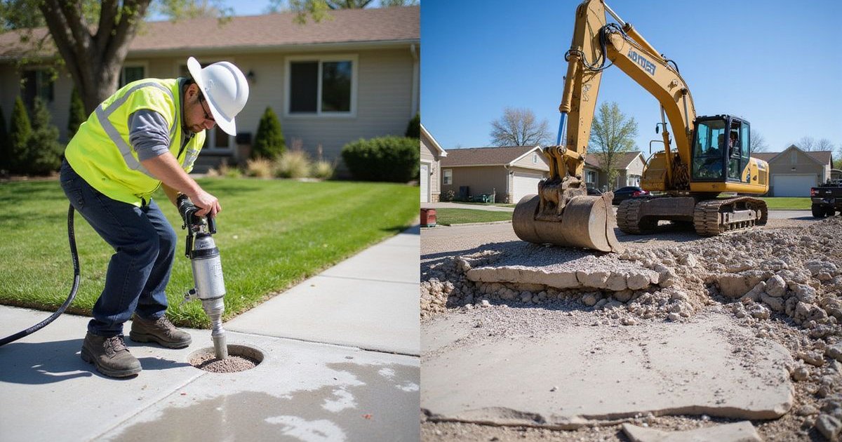 Split view comparing concrete leveling repair process versus full concrete slab replacement and demolition