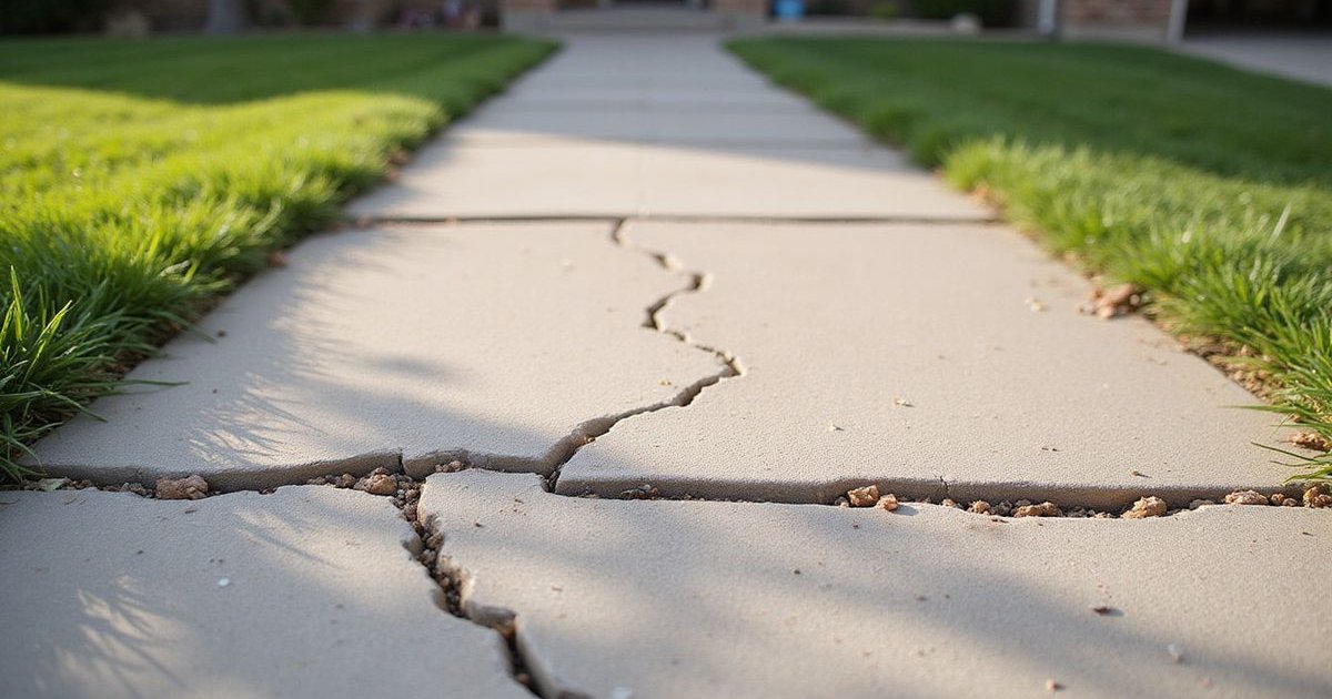 Uneven concrete sidewalk showing visible settling and cracks near a Colorado Springs residential property