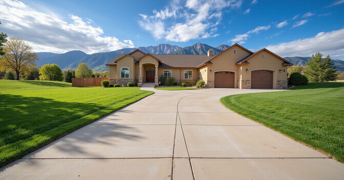 Well maintained concrete driveway in front of a Colorado Springs home with Pikes Peak visible in the background