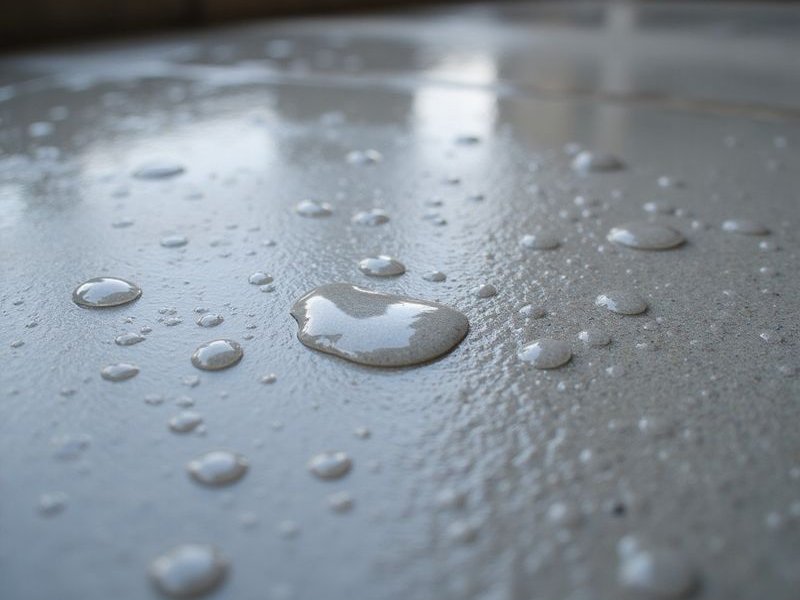 Close-up demonstration of water beading on a sealed concrete surface showing the effective moisture repellent barrier
