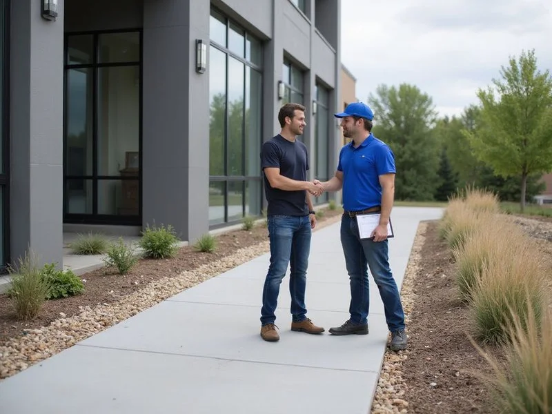 Commercial property manager inspecting leveled walkway surface with contractor during a post-project quality review