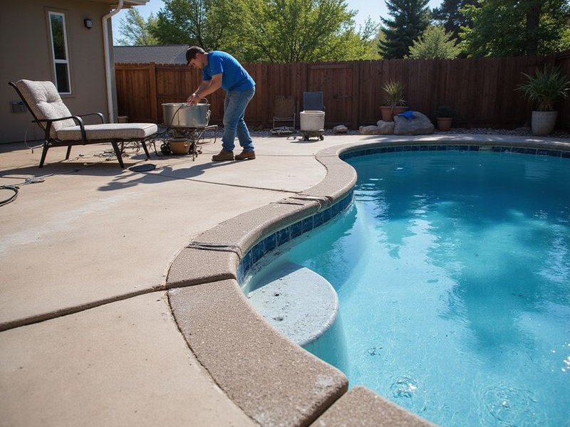 Detailed view of a pool deck leveling project showing the careful process of raising sunken slabs near the pool edge