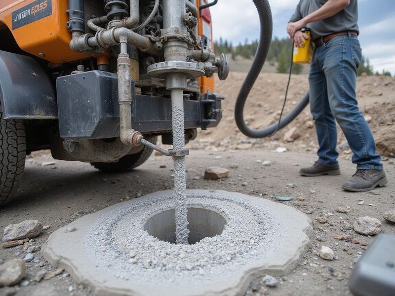 Detailed view of the limestone slurry injection process showing low-pressure pumping equipment raising a settled concrete slab