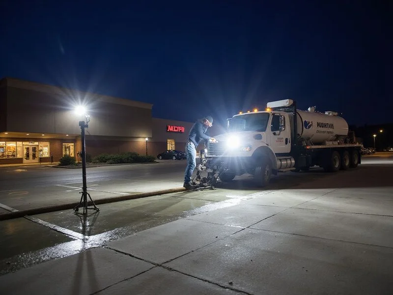 Night scene of after-hours commercial concrete leveling at a retail property with work lights illuminating the project area