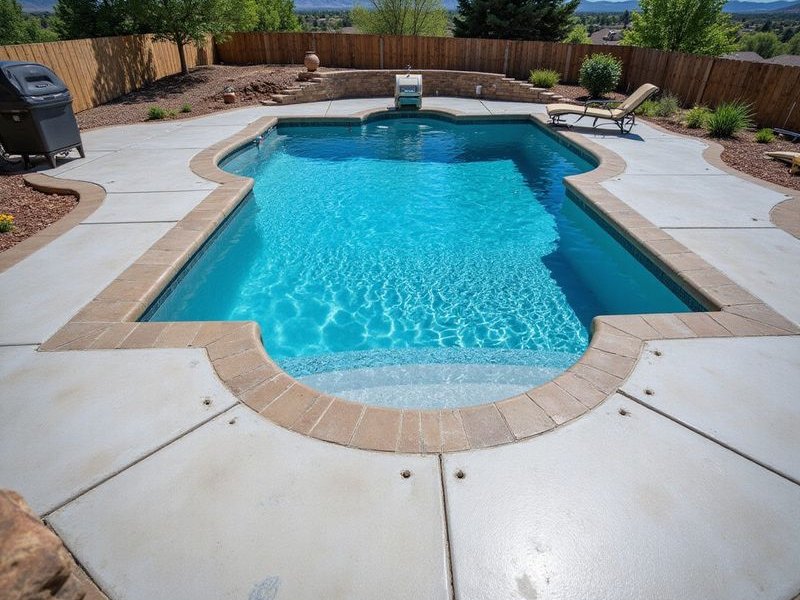Overhead view of a beautifully restored pool deck with perfectly level concrete panels surrounding a clean swimming pool