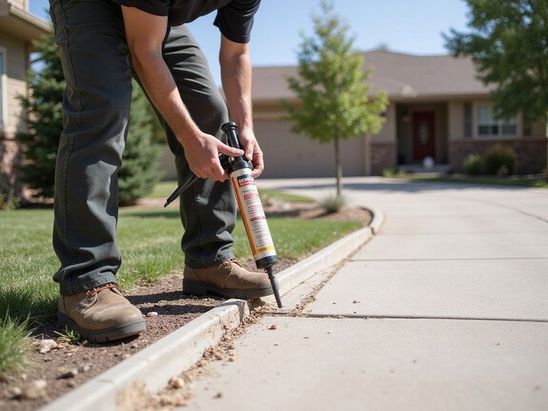 Technician applying professional-grade flexible sealant to concrete expansion joints along a residential driveway in Colorado Springs
