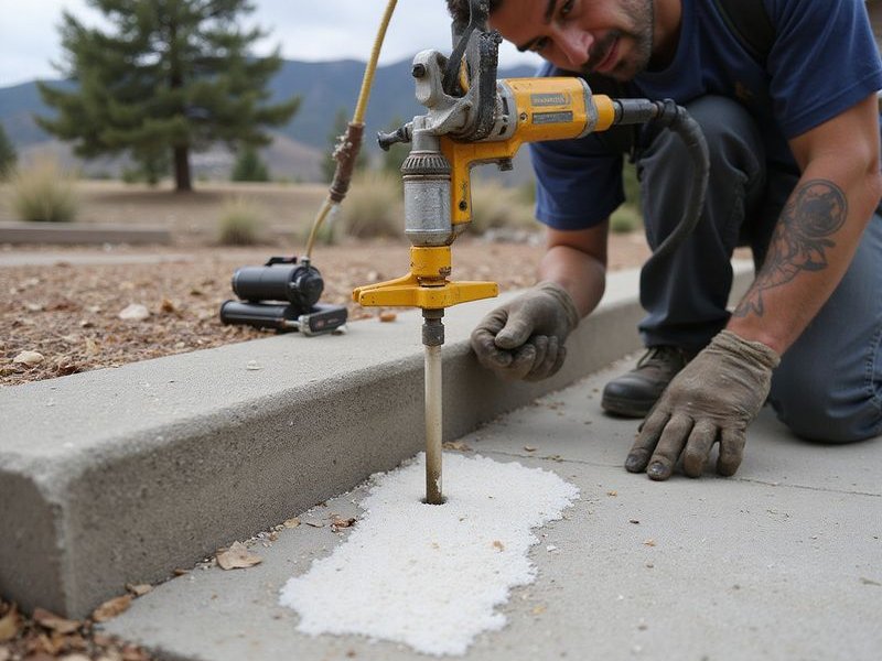 Technician carefully injecting polyurethane foam through a small drill hole to raise a sunken concrete slab in a residential setting