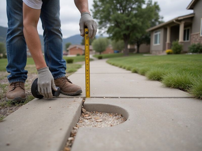 Technician carefully measuring settlement depth at an uneven sidewalk joint to plan the leveling approach