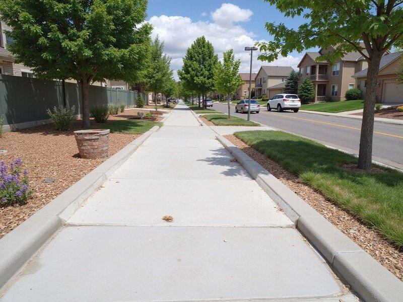 Wide view of a completed sidewalk leveling project showing multiple panels raised to a smooth even grade along a residential street