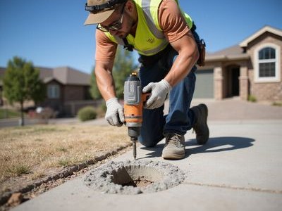 Technician drilling into sunken driveway for concrete leveling