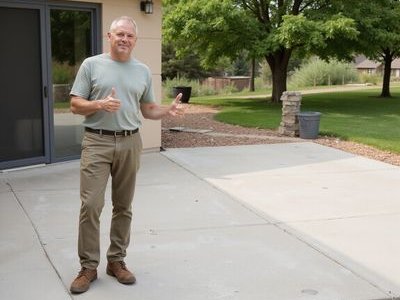 Satisfied customer on freshly leveled concrete patio